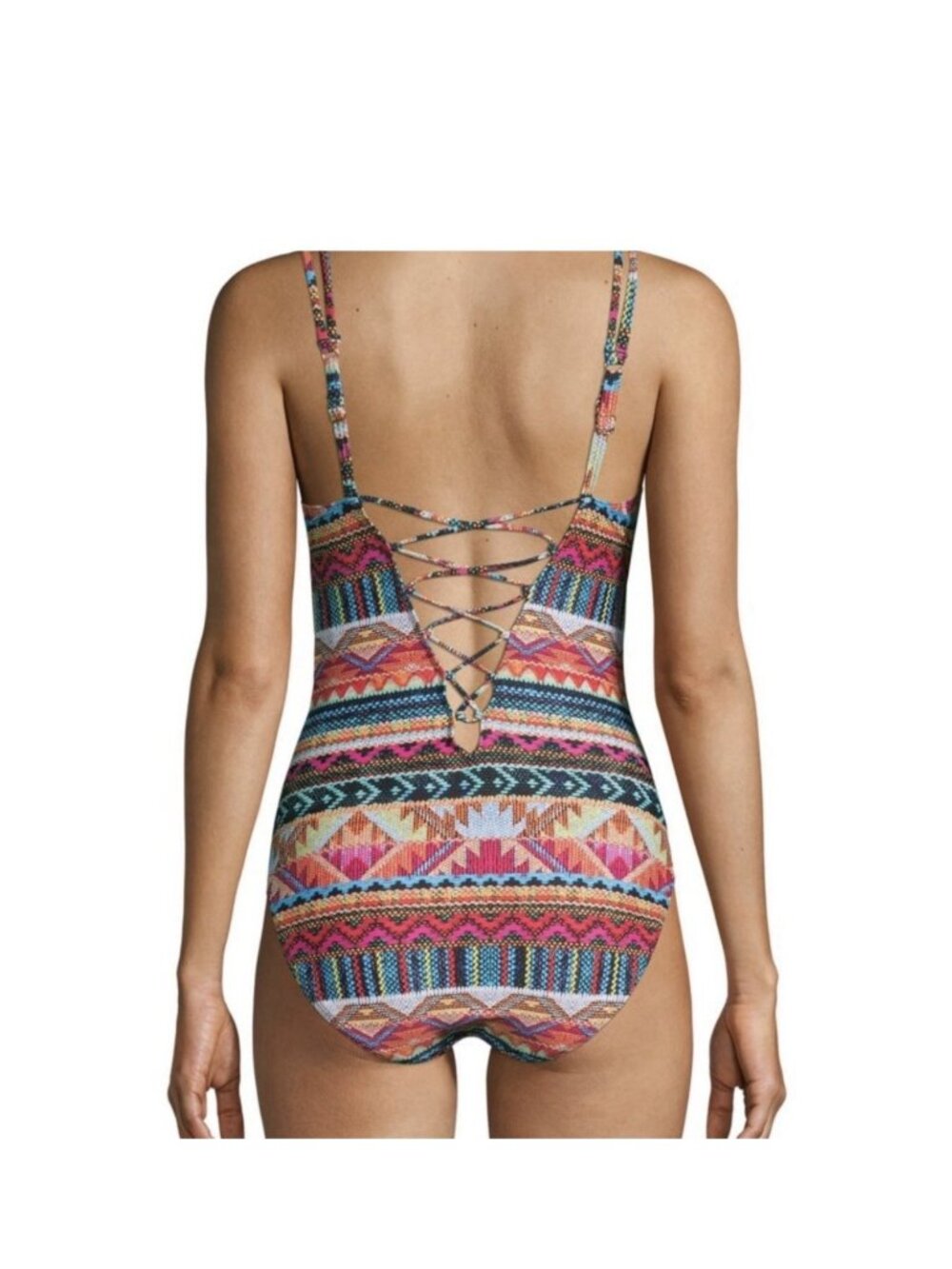 La Blanca Boho Tribal Lace-Up One Piece Swimsuit Multicolor Geometric Sz 2 Beach - Picture 4 of 9
